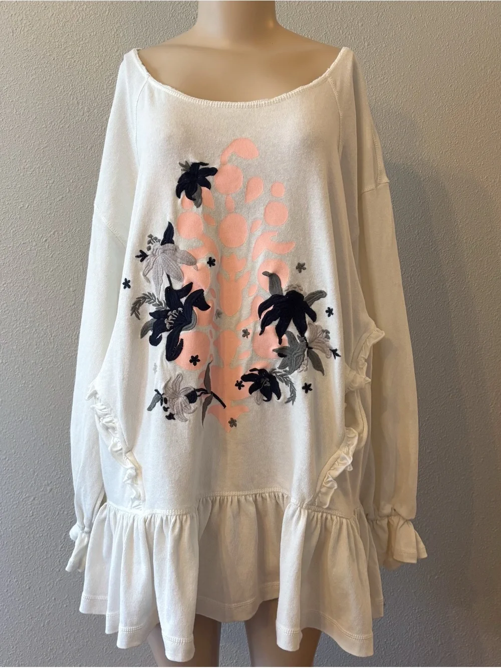 FP Movement Off Shoulder Oversized Floral Ruffle Logo Tunic Sz Medium